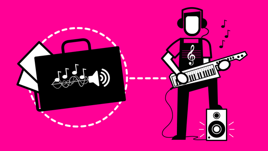 Icon showing a musician with an electric keyboard and a portfolio with sound waves