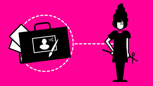 Icon showing a hair and make-up stylist with a portfolio and a head-and-shoulders image with scissors