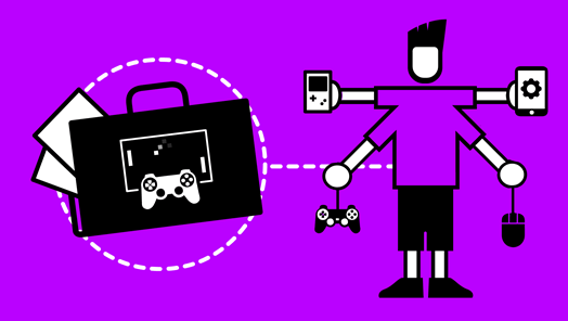Icon showing a games programmer with a portfolio with a games console and control