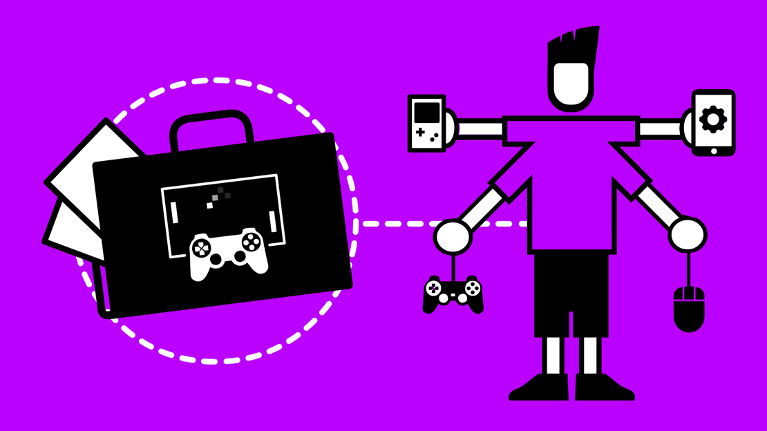 Icon showing a games programmer with a portfolio with a games console and control